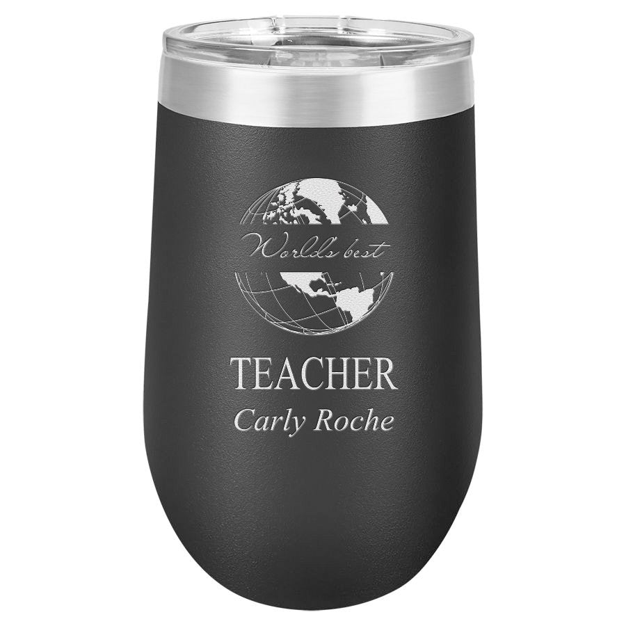 World's Best Teacher Personalized 16 Ounce Black Insulated Stemless Wine Glass