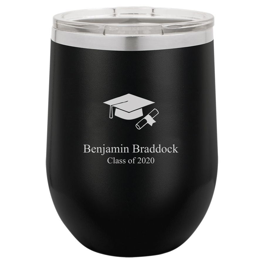 Graduate Emblem 12 Ounce Black Insulated Stemless Wine Glass