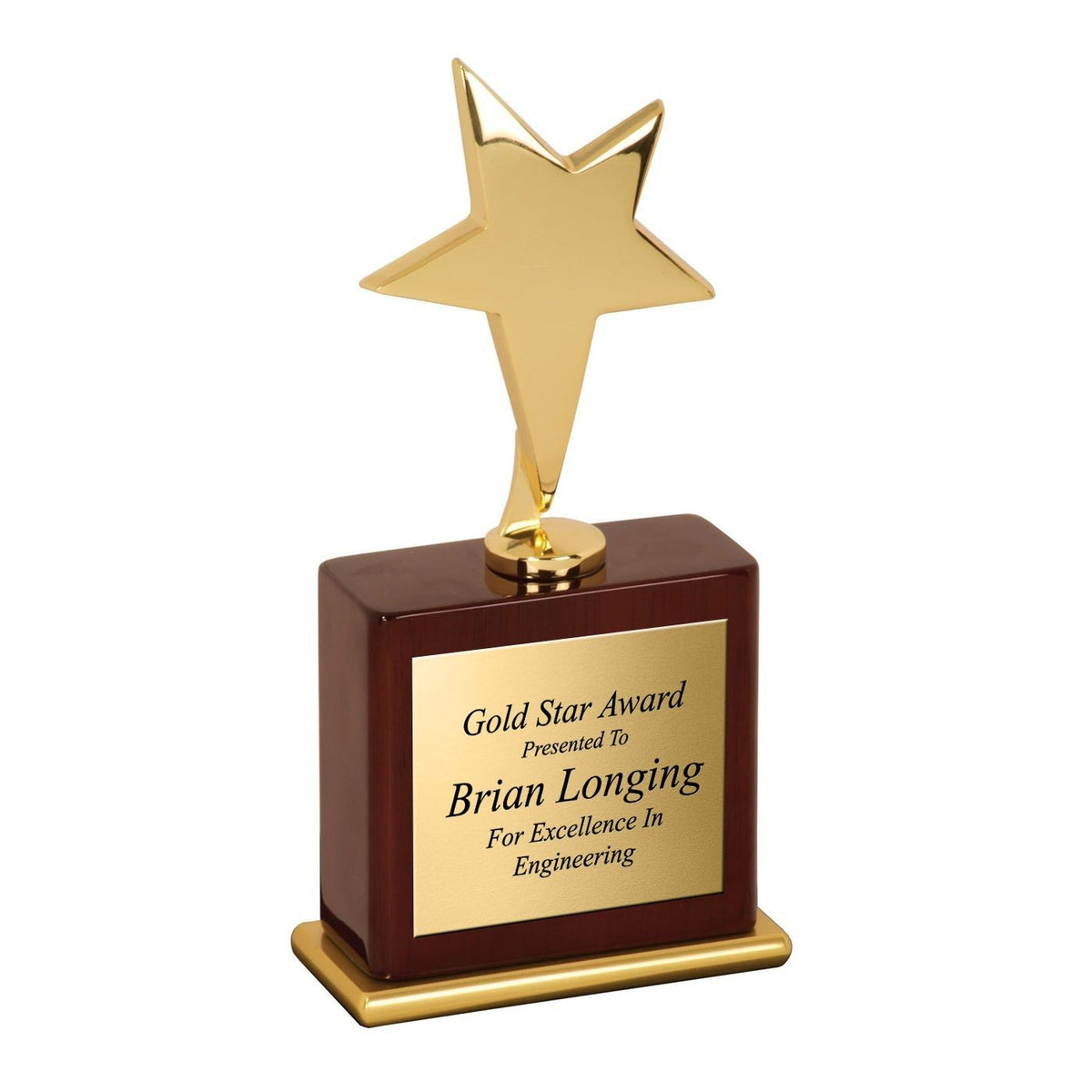 Personalized Gold Star Award Mounted on Piano Wood Square Base