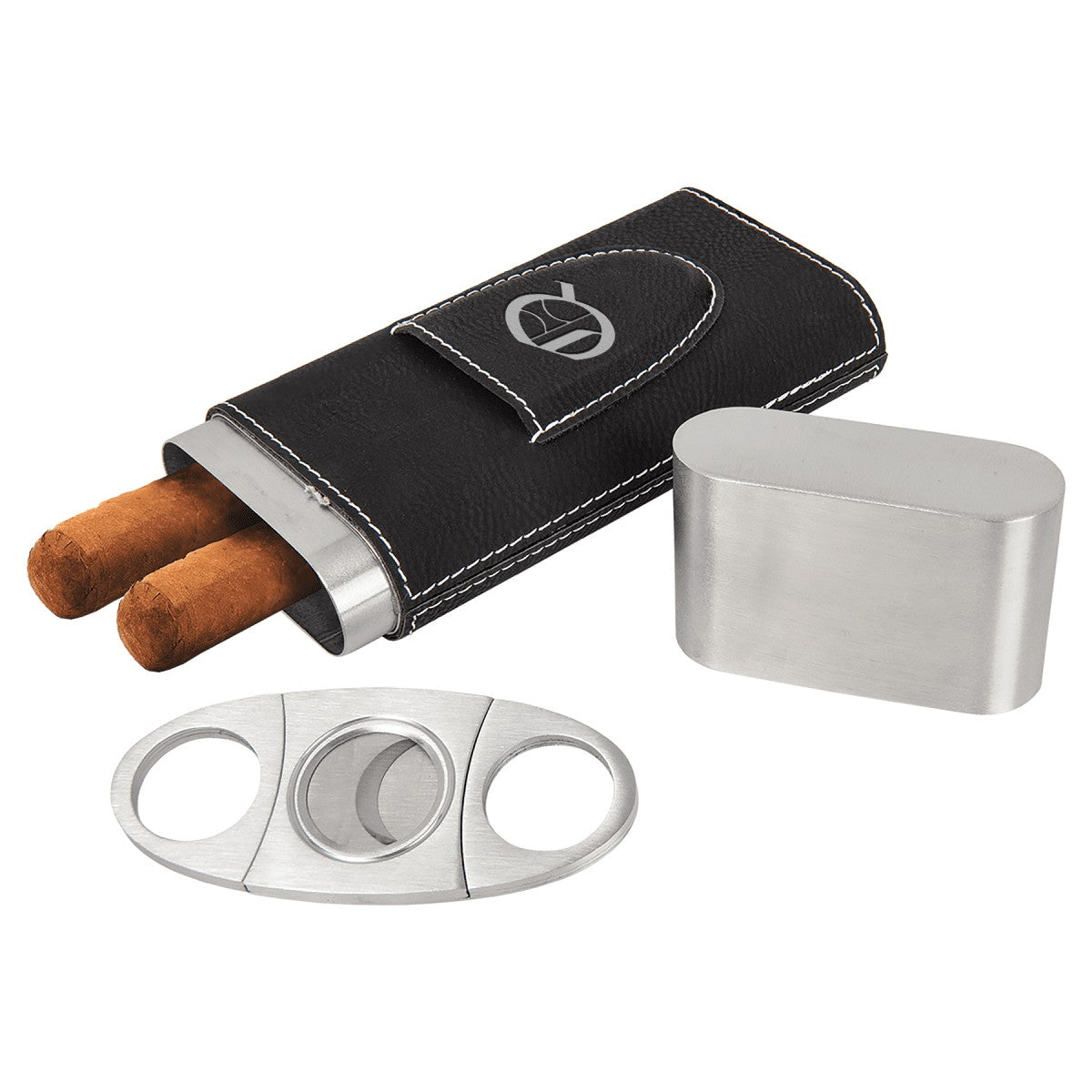 Personalized Steel Cigar Case with Cutter with Black & Silver Wrap