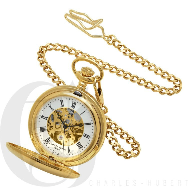 Dual Opening Gold Mechanical Pocket Watch & Chain - Executive Gift Shoppe