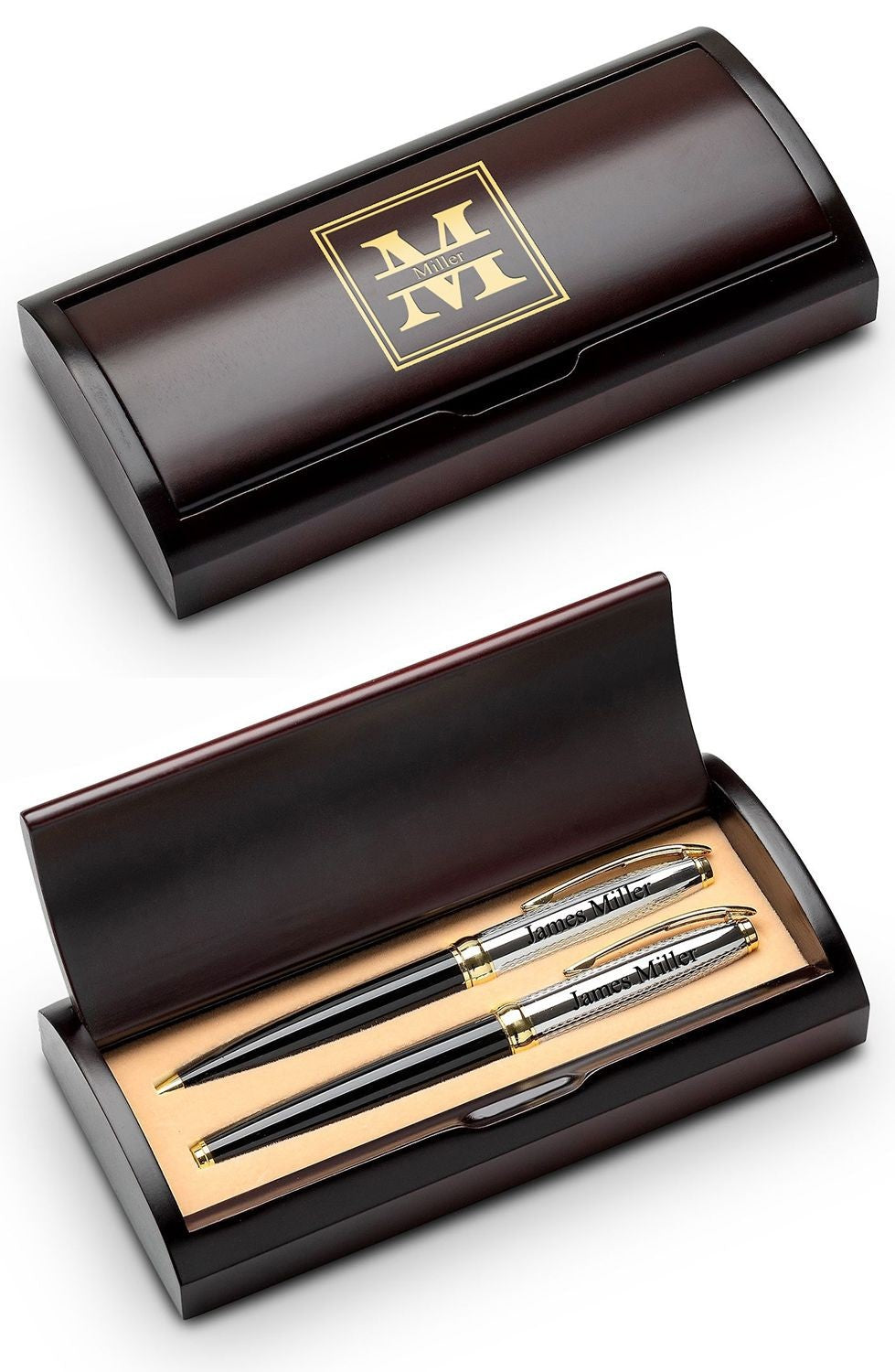 Split Monogram Theme Personalized Two Piece Pen Set with Wood Box