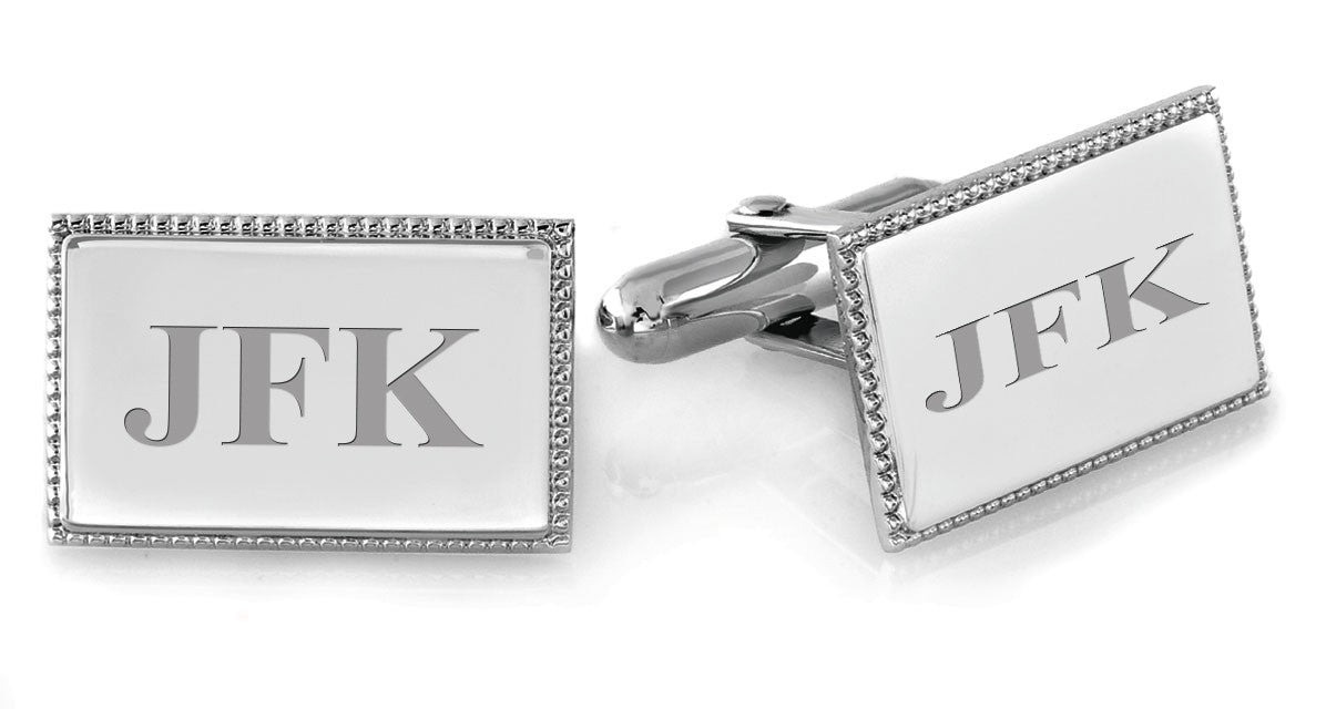 Sterling Silver Rectangular Beaded Engravable Cufflinks