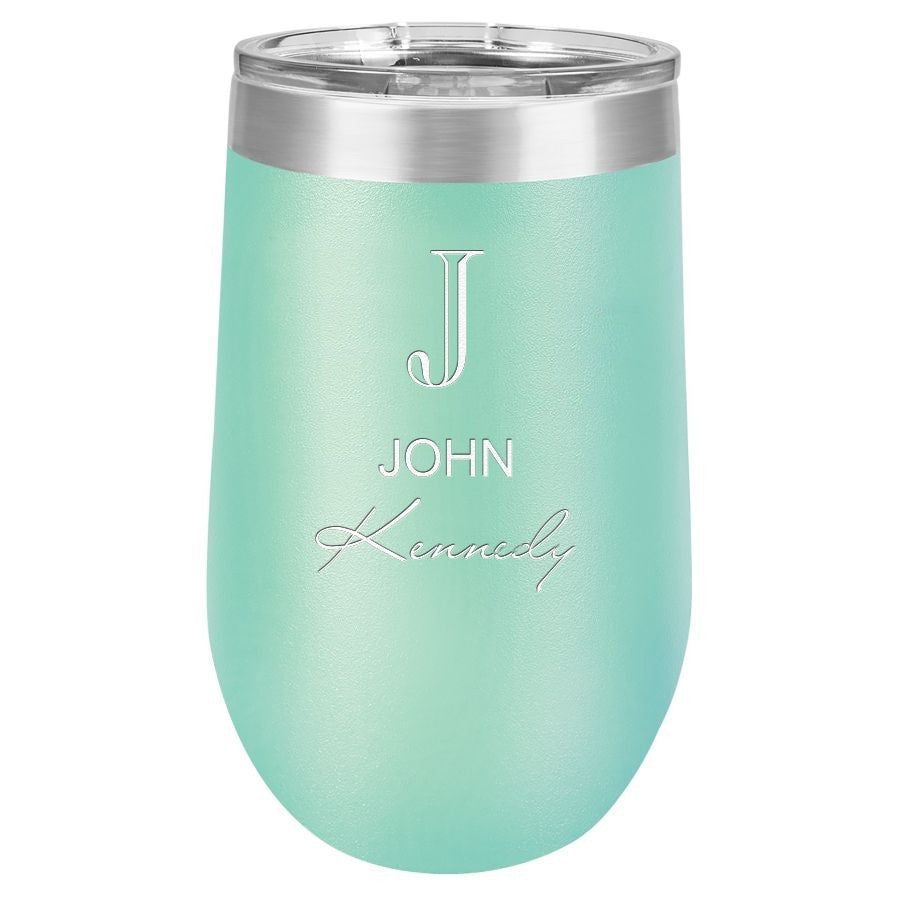 Full Name Monogram 16 Ounce Teal Insulated Stemless Wine Glass
