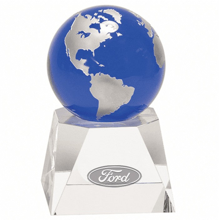 Blue Crystal Globe With Personalized Pedestal Base - 5" Height
