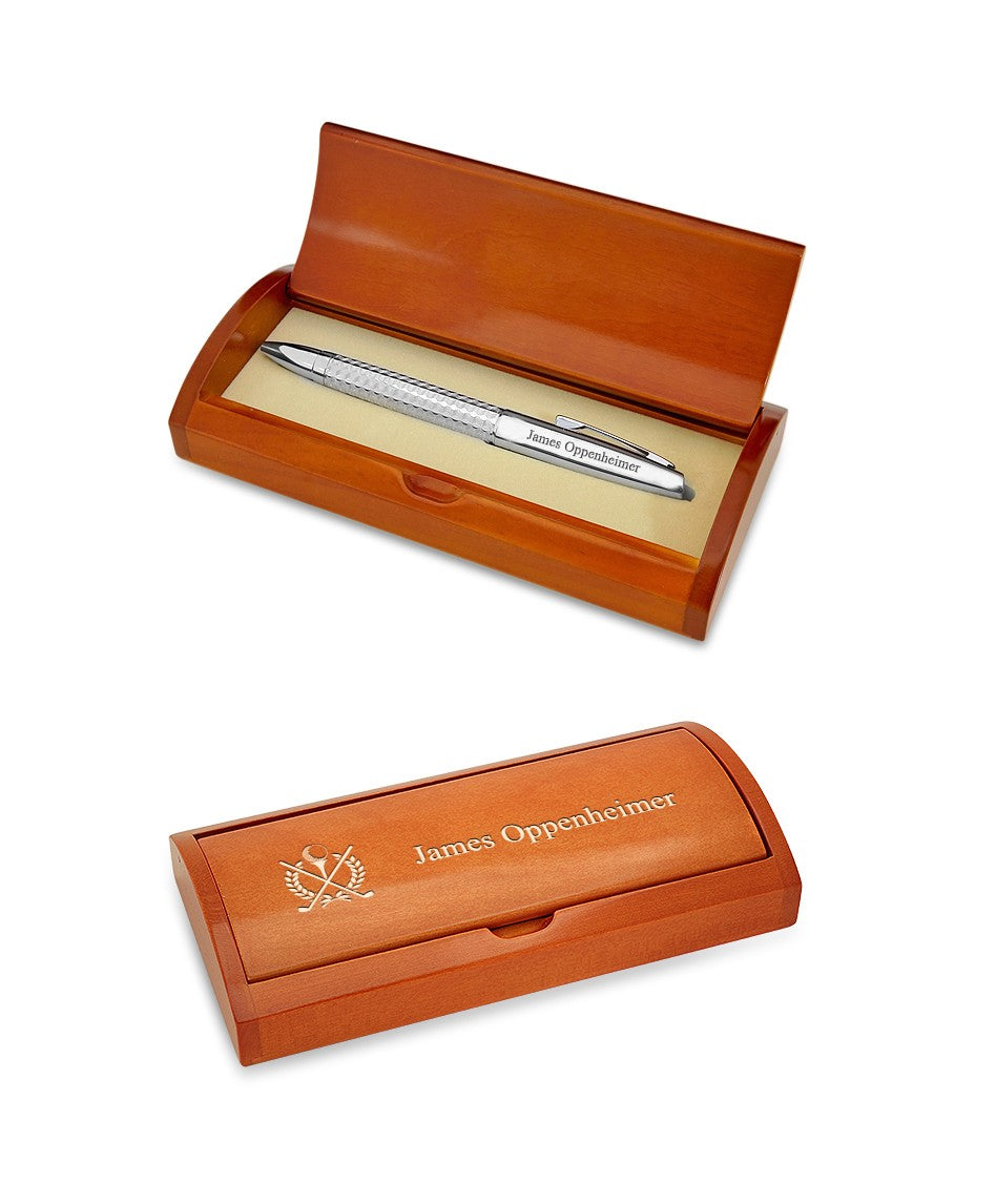 Diamond Cut Personalized Ballpoint Pen with Wood Box - Golf Theme