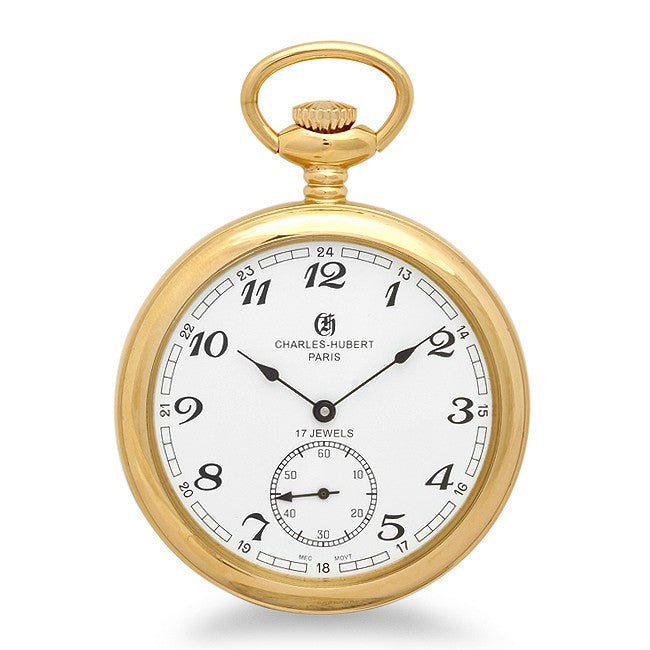 Gold Open Faced Mechanical Charles Hubert Pocket Watch & Chain #3756-GA - Executive Gift Shoppe