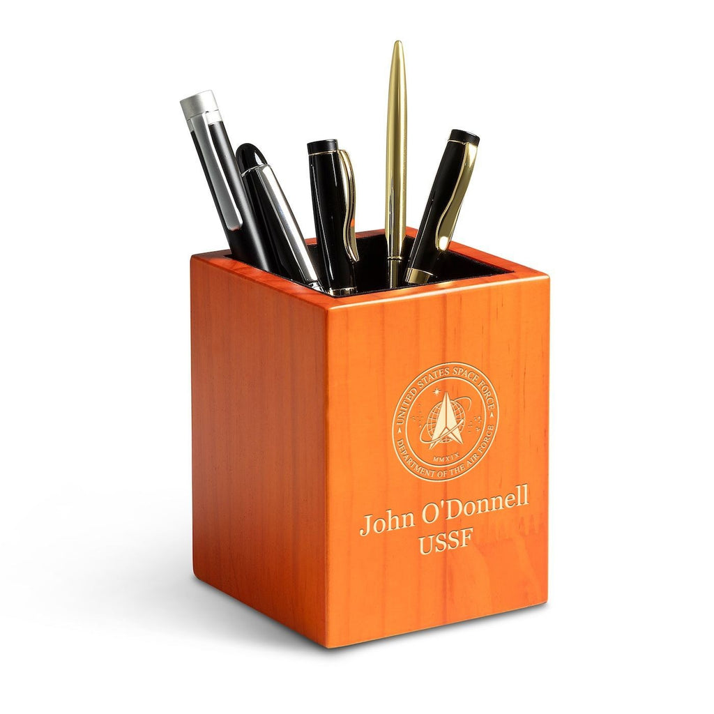 Space Force Theme Personalized Saddle Finish Wood Pen and Pencil Cup