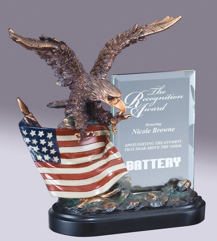 American Eagle Award with Waving USA Flag & Personalized Glass Plate