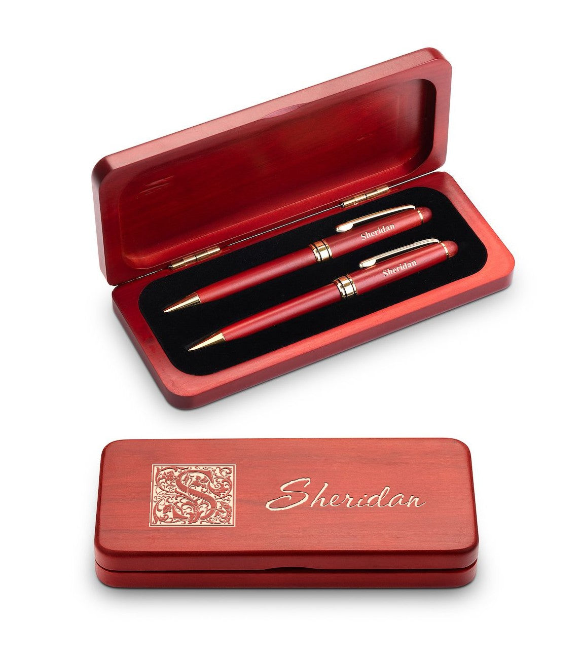 Last Name Monogram Theme Personalized Cherry Finish Pen & Pencil Set