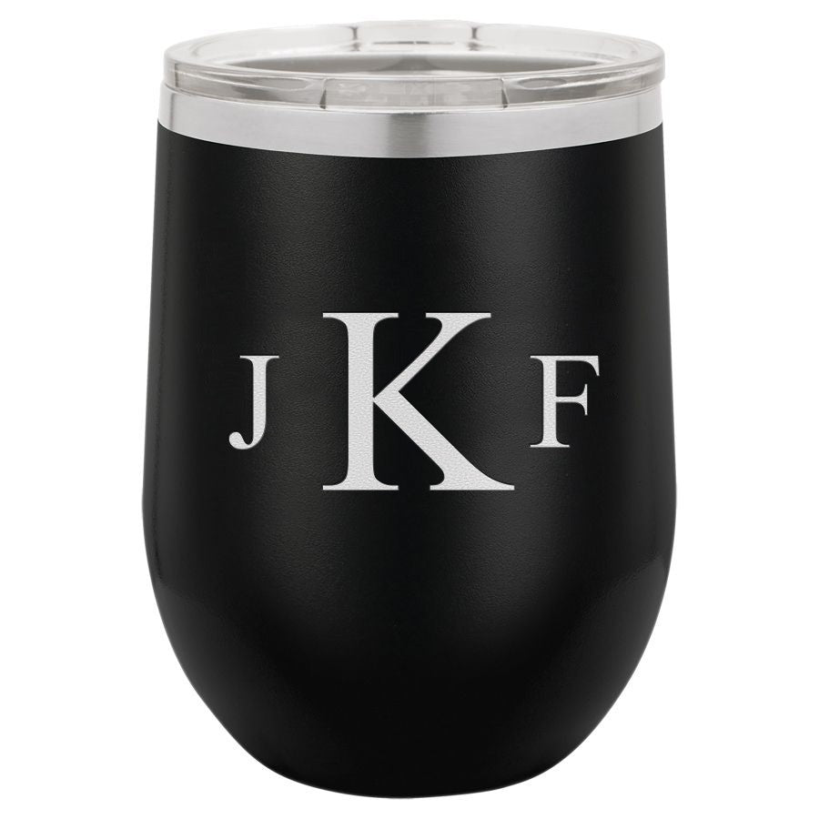 Roman Monogram 12 Ounce Black Insulated Stemless Wine Glass