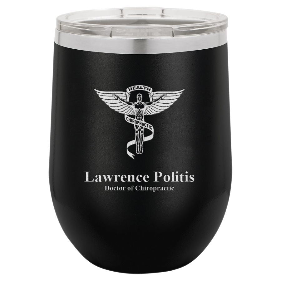 Chiropractor Emblem 12 Ounce Black Insulated Stemless Wine Glass