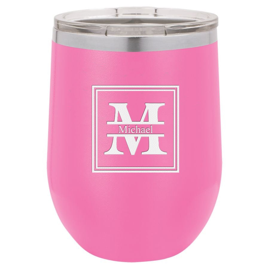 Split Monogram 12 Ounce Pink Insulated Stemless Wine Glass