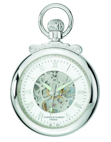 Silver Open-Faced Charles Hubert Pocket Watch & Chain #3903-W - Executive Gift Shoppe