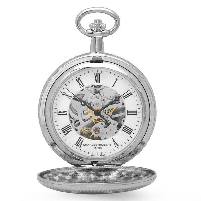 Polished Silver Mechanical Pocket Watch & Chain by Charles Hubert #3537
