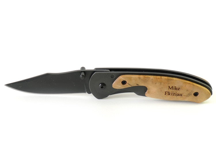 Personalized Wood & Steel Lockblade Knife with Belt Clip - Executive Gift Shoppe