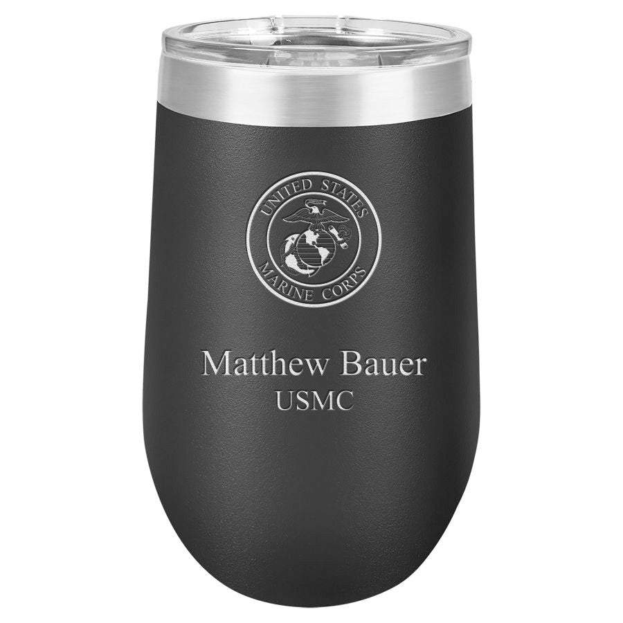 Marines Emblem 16 Ounce Black Insulated Stemless Wine Glass