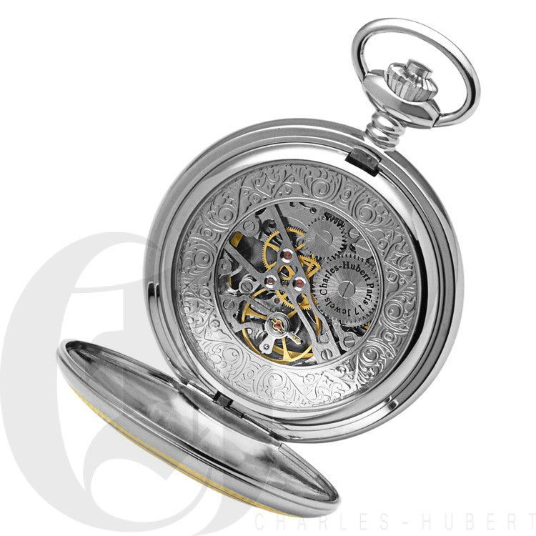 Two Tone Engraved Mechanical Charles Hubert Pocket Watch & Chain #3819 - Executive Gift Shoppe