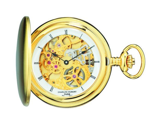 Satin Goldtone Charles Hubert Pocket Watch & Chain #3905-G - Executive Gift Shoppe