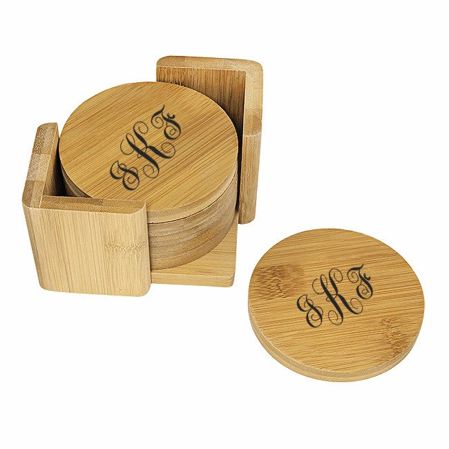 Script Monogram  Round Bamboo Coaster Set