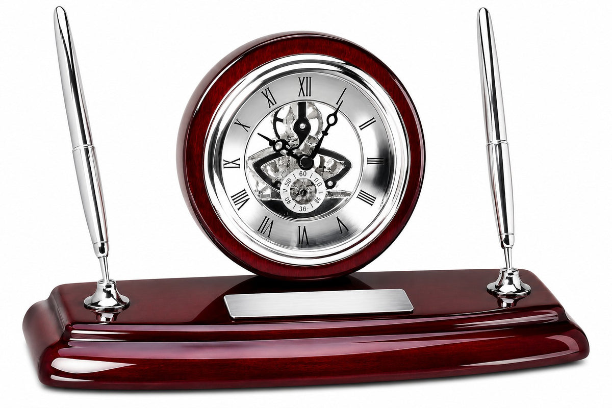 Rosewood & Silver Personalized Dual Pen Stand & Clock