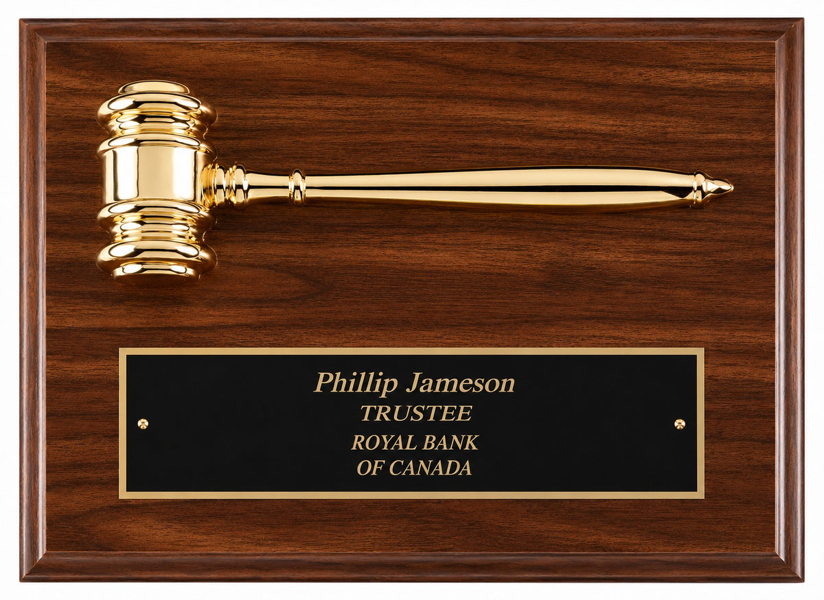 Personalized Walnut Finish Plaque with Attached Gold Gavel