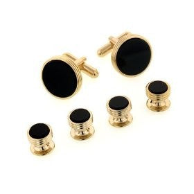Concentric Edge Gold Plated Onyx Cufflinks & Studs Set