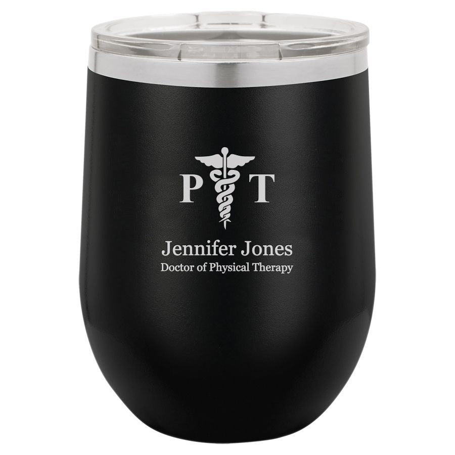 Physical Therapist Emblem 12 Ounce Black Insulated Stemless Wine Glass