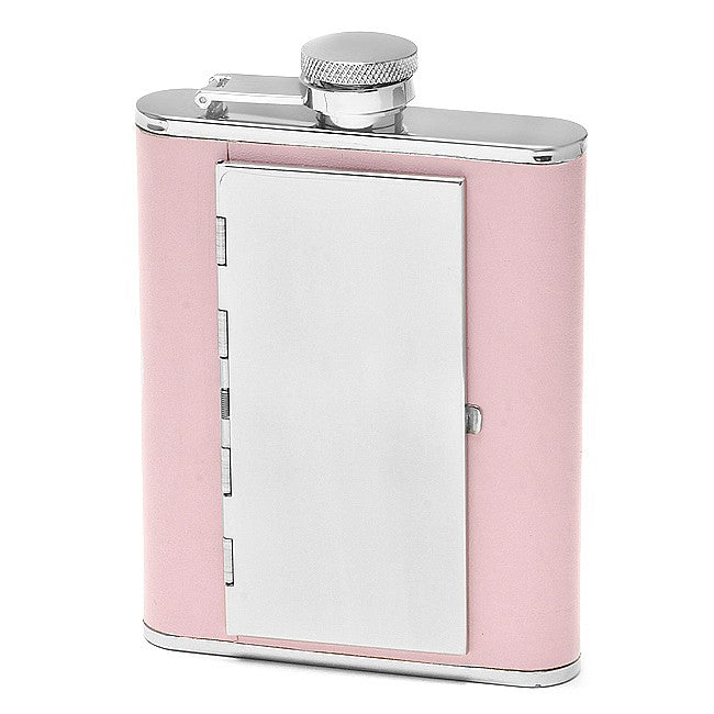 Women's Pink Leather Flask With Cigarette Case - Executive Gift Shoppe