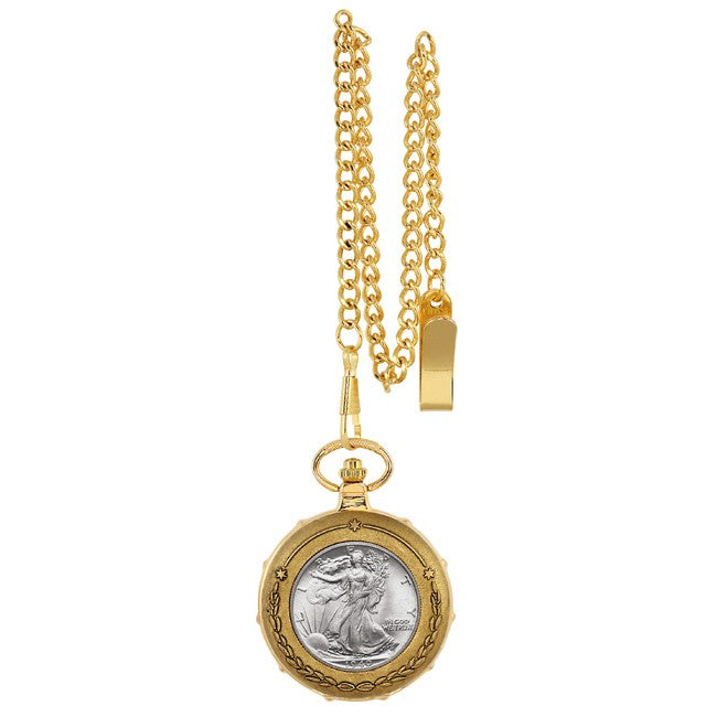 Walking Liberty Half Dollar Goldtone Pocket Watch & Chain - Executive Gift Shoppe