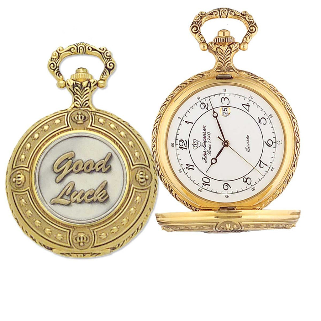 "Good Luck" Themed Quartz Pocket Watch with Matching Chain by Jules Jurgensen