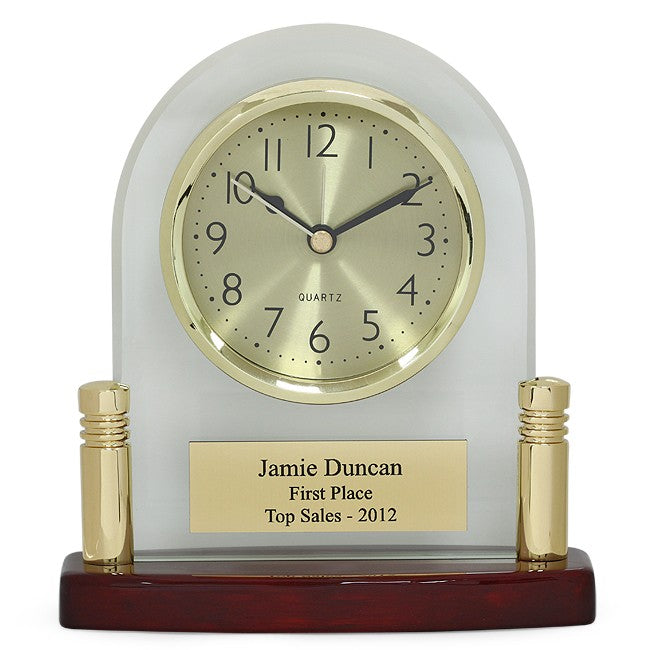 Arched Glass Personalized Desk Clock with Piano Finish Base