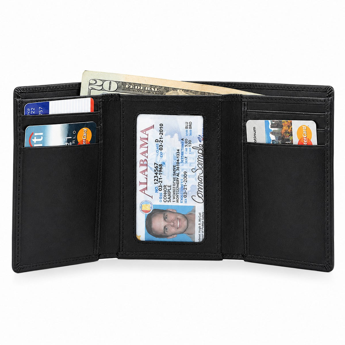 Executive Collection RFID Blocking Black Leather Trifold Wallet with Center ID Window