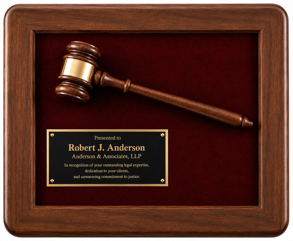 Personalized Genuine Walnut Gavel Plaque with Maroon Velour Backdrop