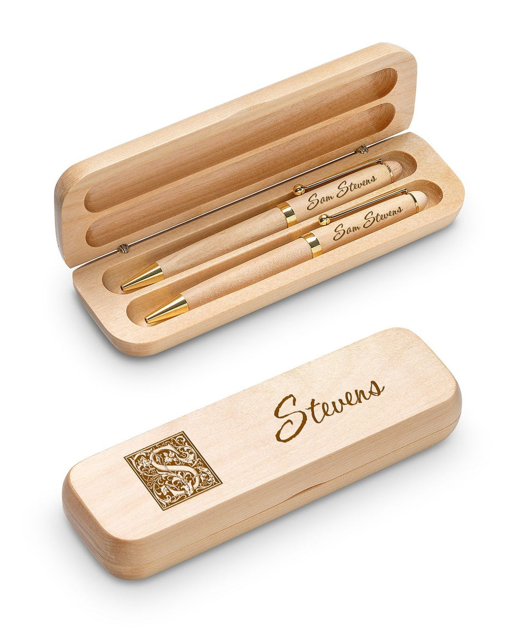 Monogram Maple Wood Double Pen and Box Set - Executive Gift Shoppe