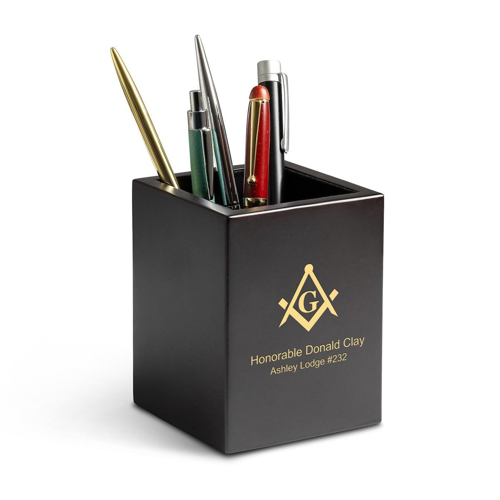 Cherry Finish Wood Masonic Theme Personalized Pen and Pencil Cup