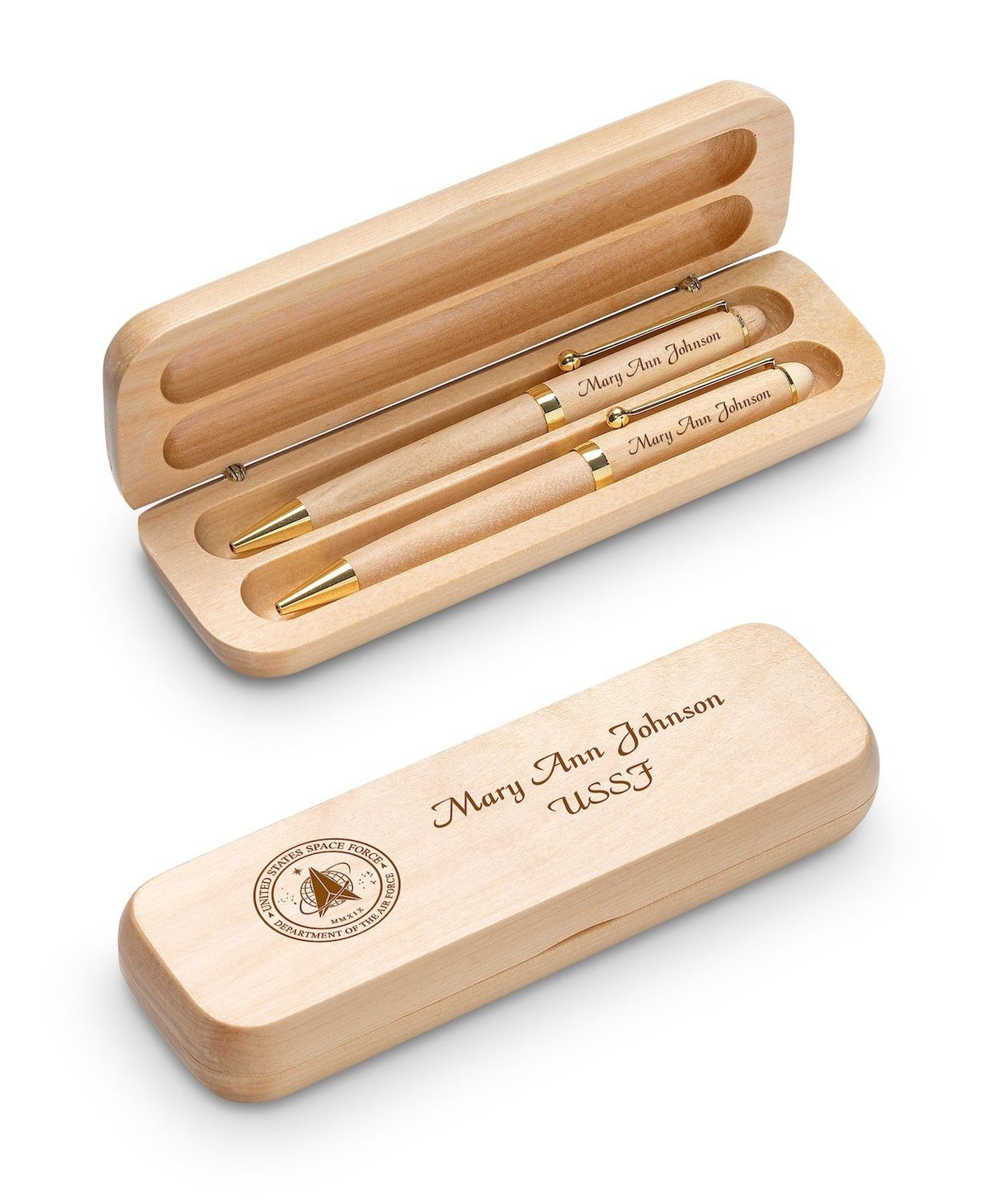 Space Force Theme Personalized Maple Wood Double Pen and Box Set