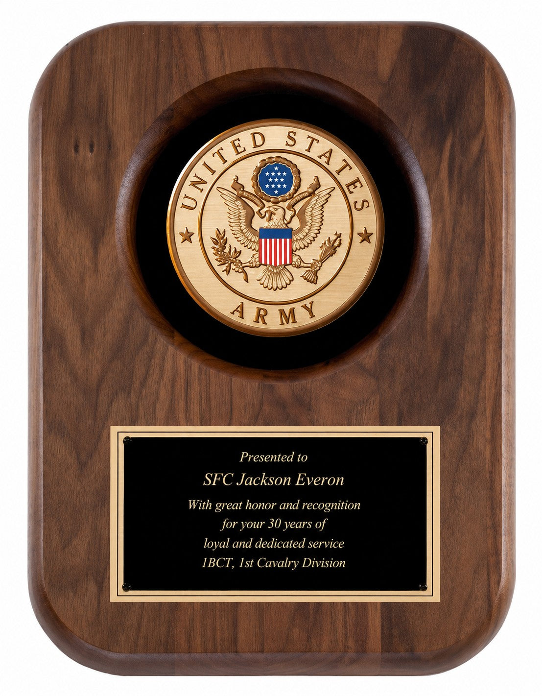 US Army Genuine Walnut Plaque with Laser Engraved Plate