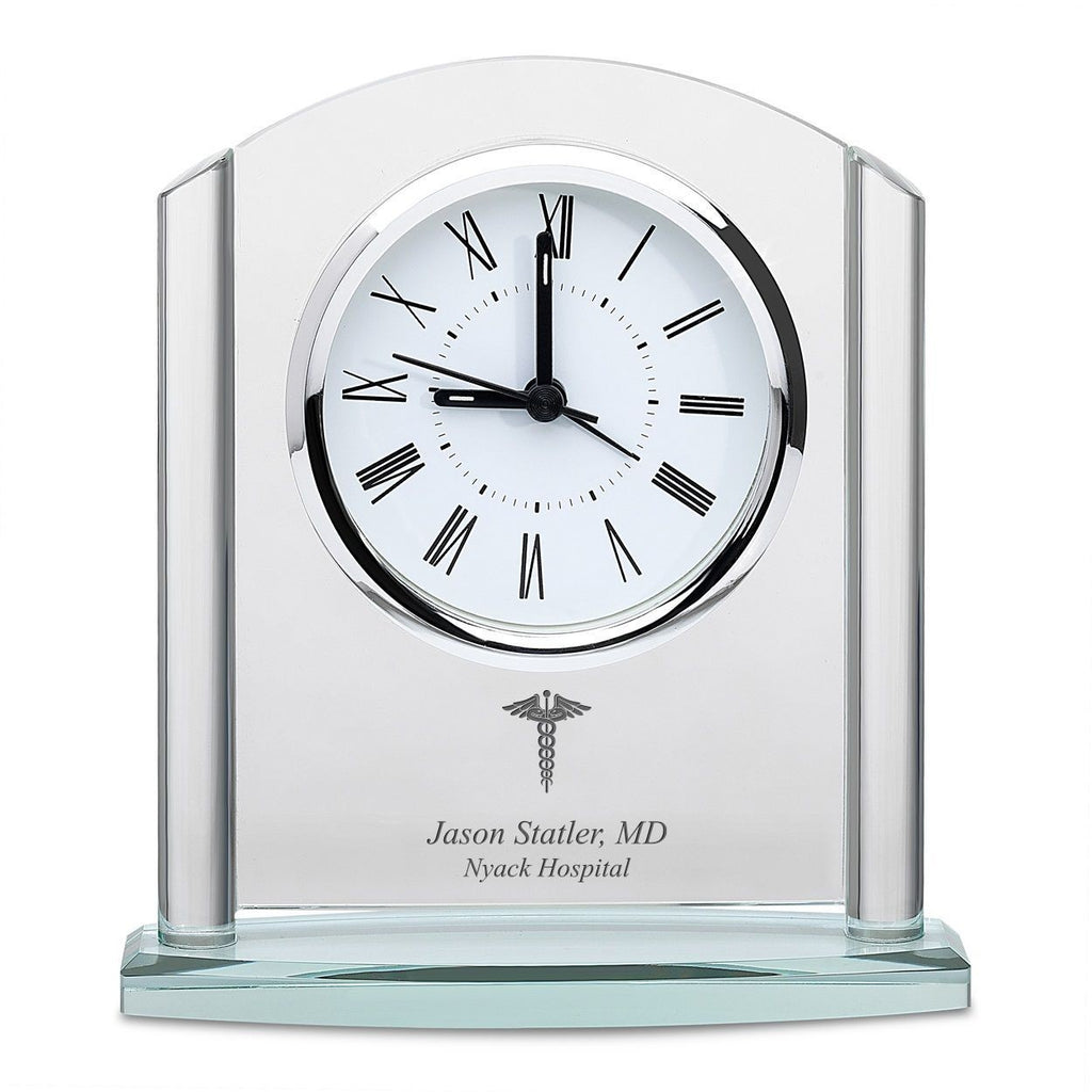 Doctor Arched Glass Personalized Desk Clock with Silver Finish Accents