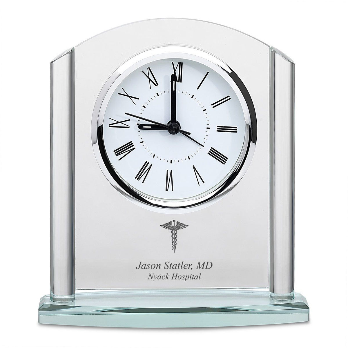 Doctor Arched Glass Personalized Desk Clock with Silver Finish Accents