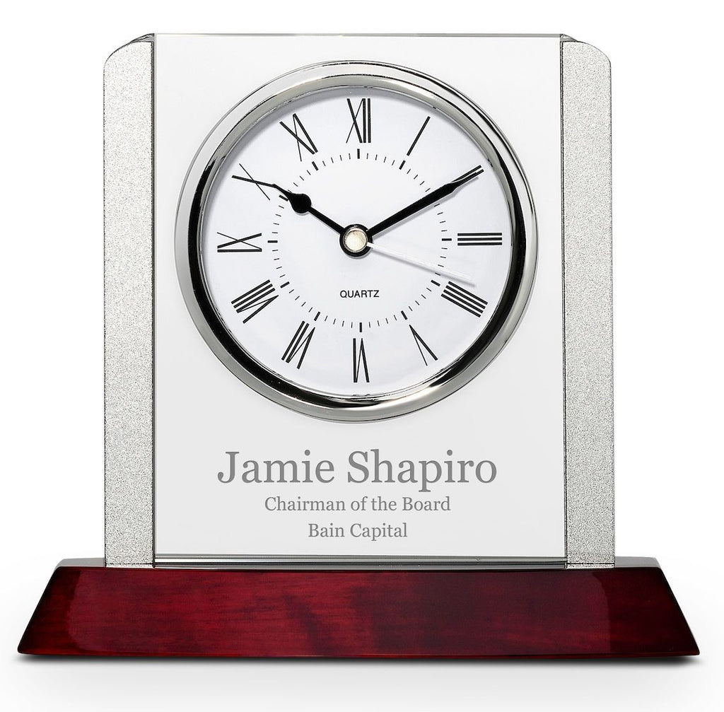 Prestige Collection Personalized Rosewood, Glass & Steel Desktop Clock