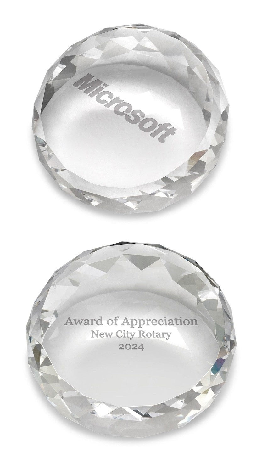 Laser Engraved Uneven Round Paperweight & Desktop Award with Faceted Edges