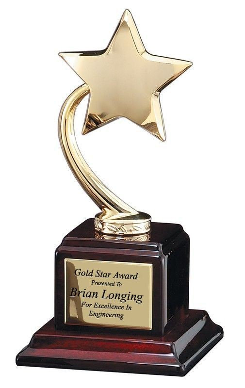 Personalized Gold Star Award on Arched Pole with Beveled Wood Base