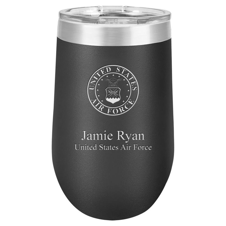 Air Force Emblem 16 Ounce Black Insulated Stemless Wine Glass