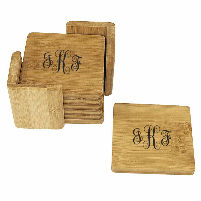 Script Monogram  Square Bamboo Coaster Set