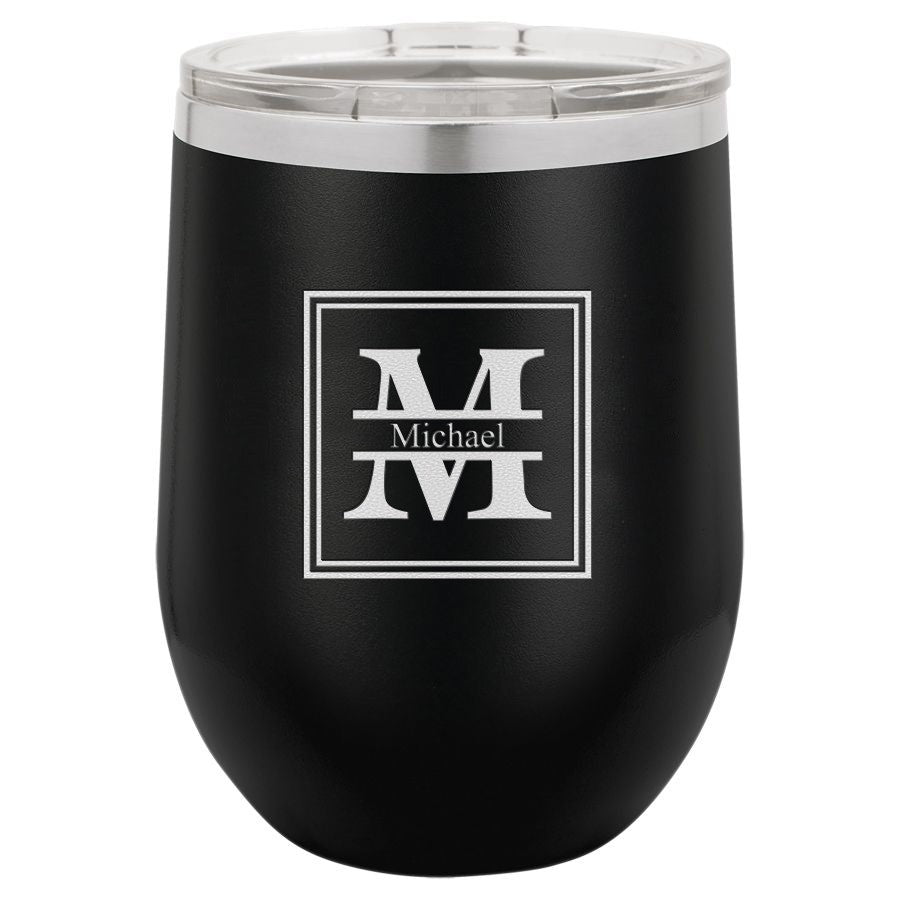 Split Monogram 12 Ounce Black Insulated Stemless Wine Glass