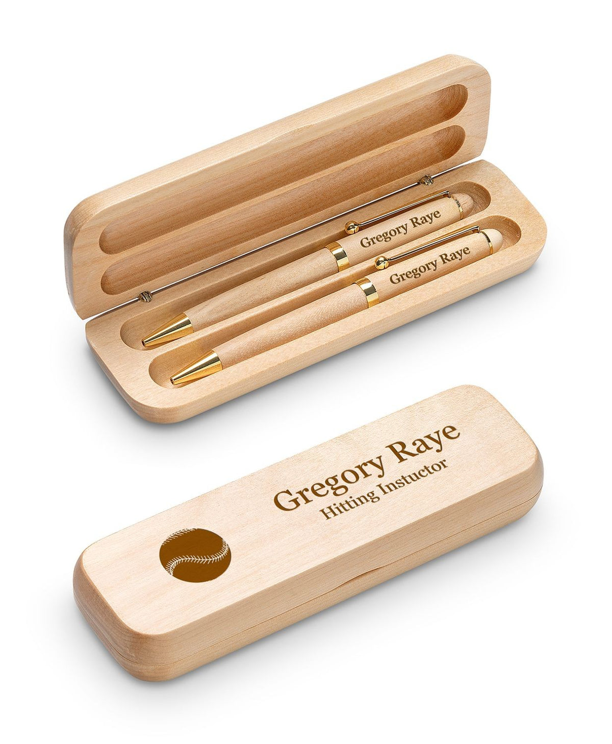 Baseball Theme Laser Engraved Maple Wood Double Pen and Box Set
