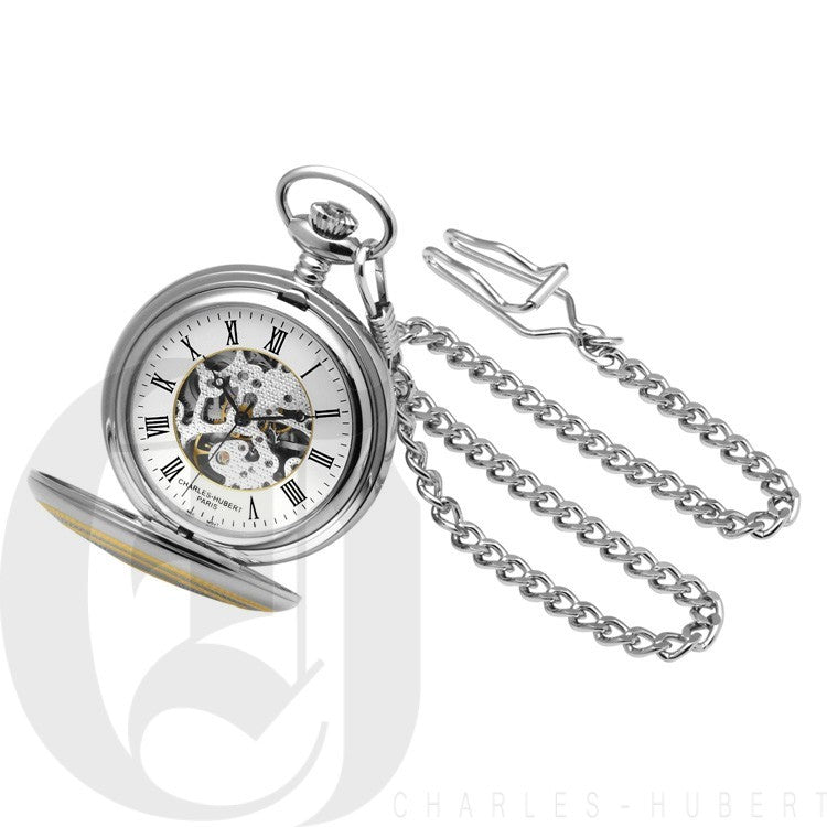 Two Tone Engraved Mechanical Charles Hubert Pocket Watch & Chain #3819 - Executive Gift Shoppe