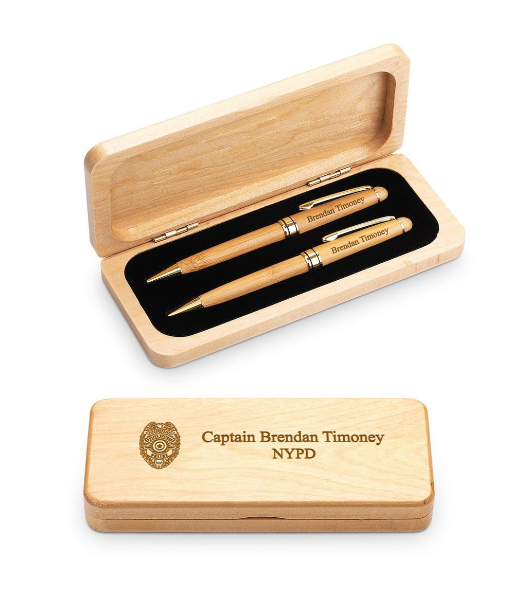 Police Theme Elegance Collection Engraved Maple Wood Pen & Pencil Set