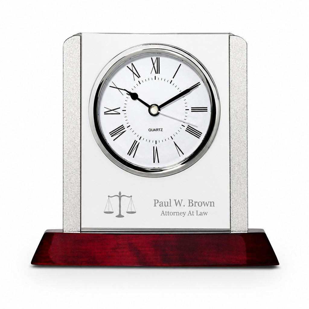 Prestige Collection Lawyer Theme Personalized Rosewood, Glass & Steel Desktop Clock
